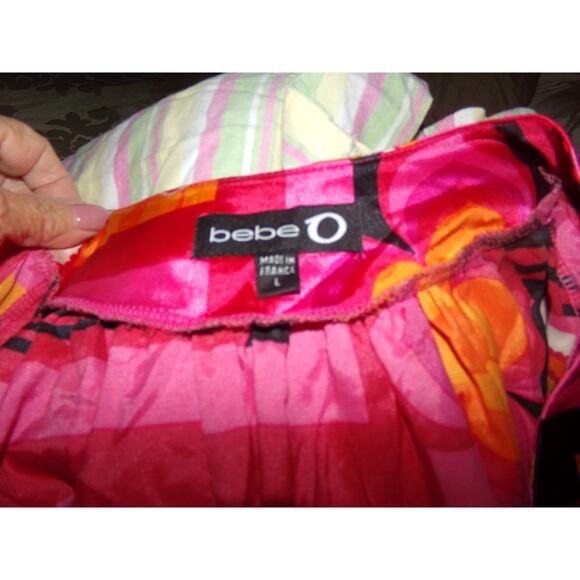 Bebe O made in France geometric print satin dress L oranges and pinks - Picture 5 of 5